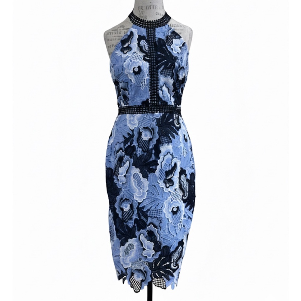 NWT! Alexia Admor “Celine” Blue Floral Lace Halter Sheath Dress Size 8 - Picture 3 of 8